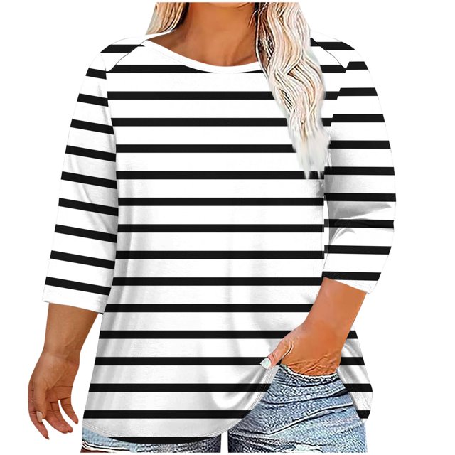 Cinvoph Womens Summer Plus Size Tops 3/4 Sleeve Crew Neck Striped T-Shirts Casual Workout Basic Tees Clothes