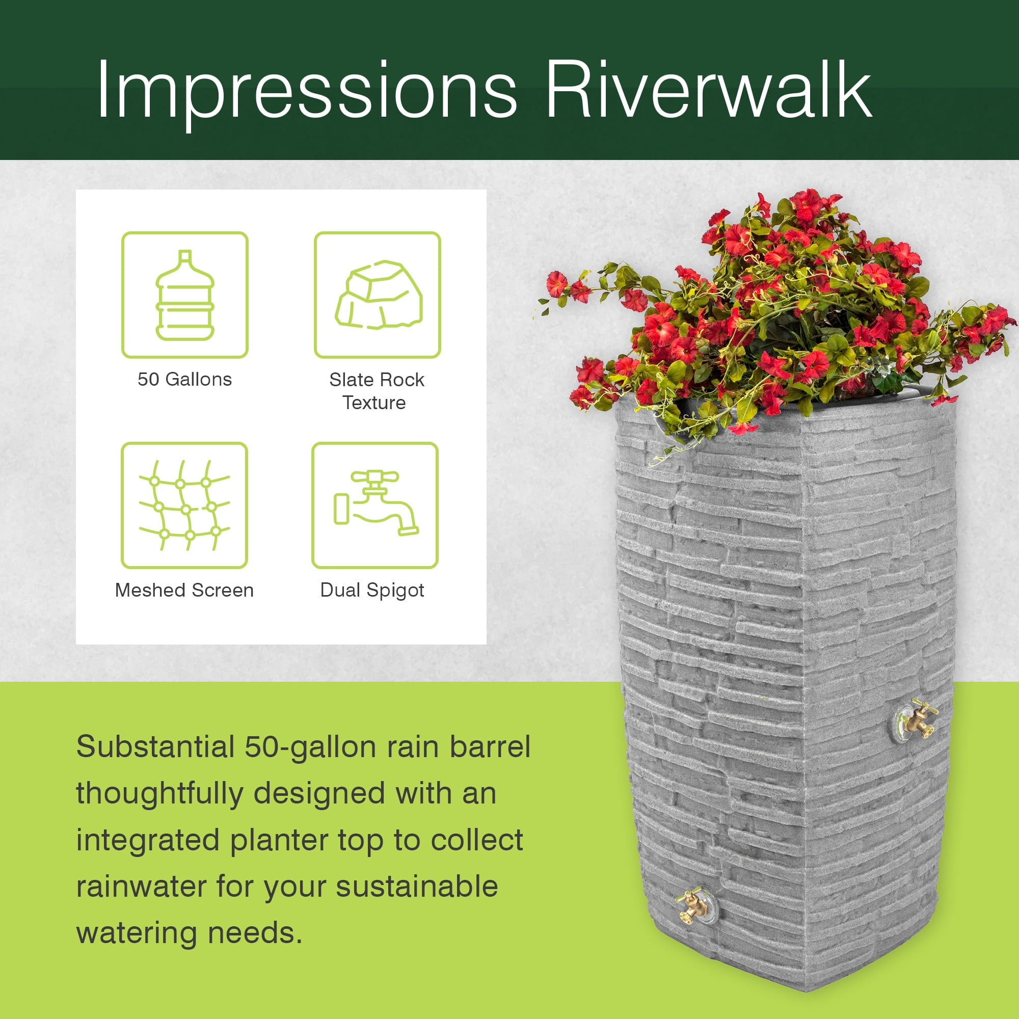 Good Ideas Impressions Riverwalk 50 Gallon Rain Barrel, Dark Granite with 50' Soaker Hose