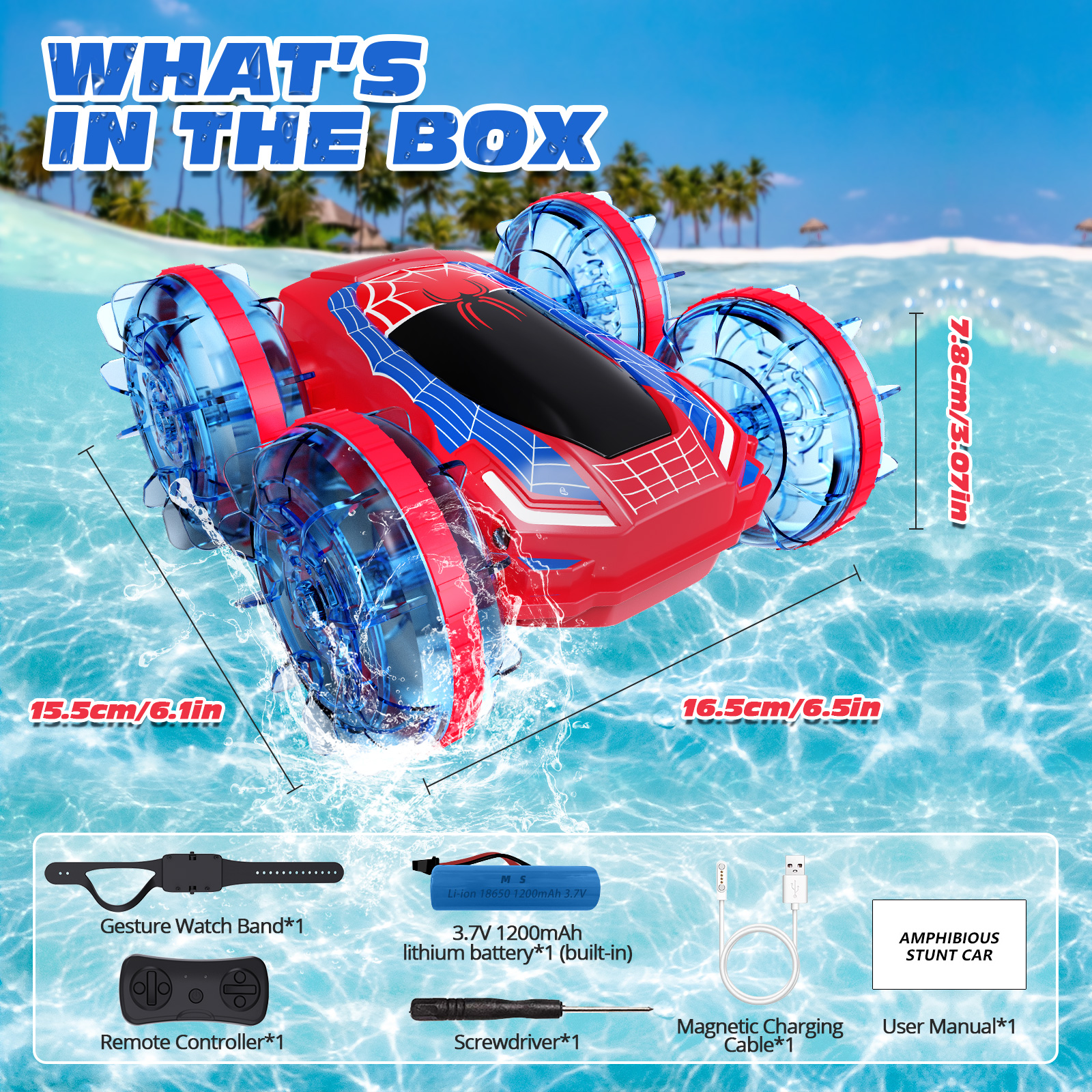 Tecnock Spider Amphibious Remote Control Car, 4WD Gesture RC Cars Boats with Magnetic Charging, 60 Min Playtime, LED Lights, Pool Toys for Kids