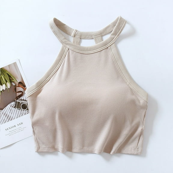 Wiyuqeen Womens Ribbed Knit Halter Tank Tops Classic High Crew Neck Camis Tops with Built in Bra Basic Tight Cropped Tops Workout Racerback Vests