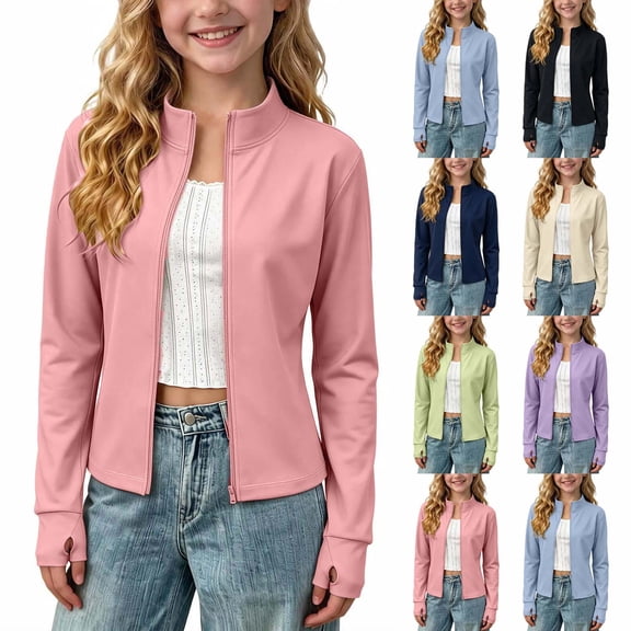 Girls Zip Up Athletic Jacket Lightweight Yoga Workout Jackets with Thumbhole Cuffs Stretch Fit for Tennis, Dance and Outdoor Activities