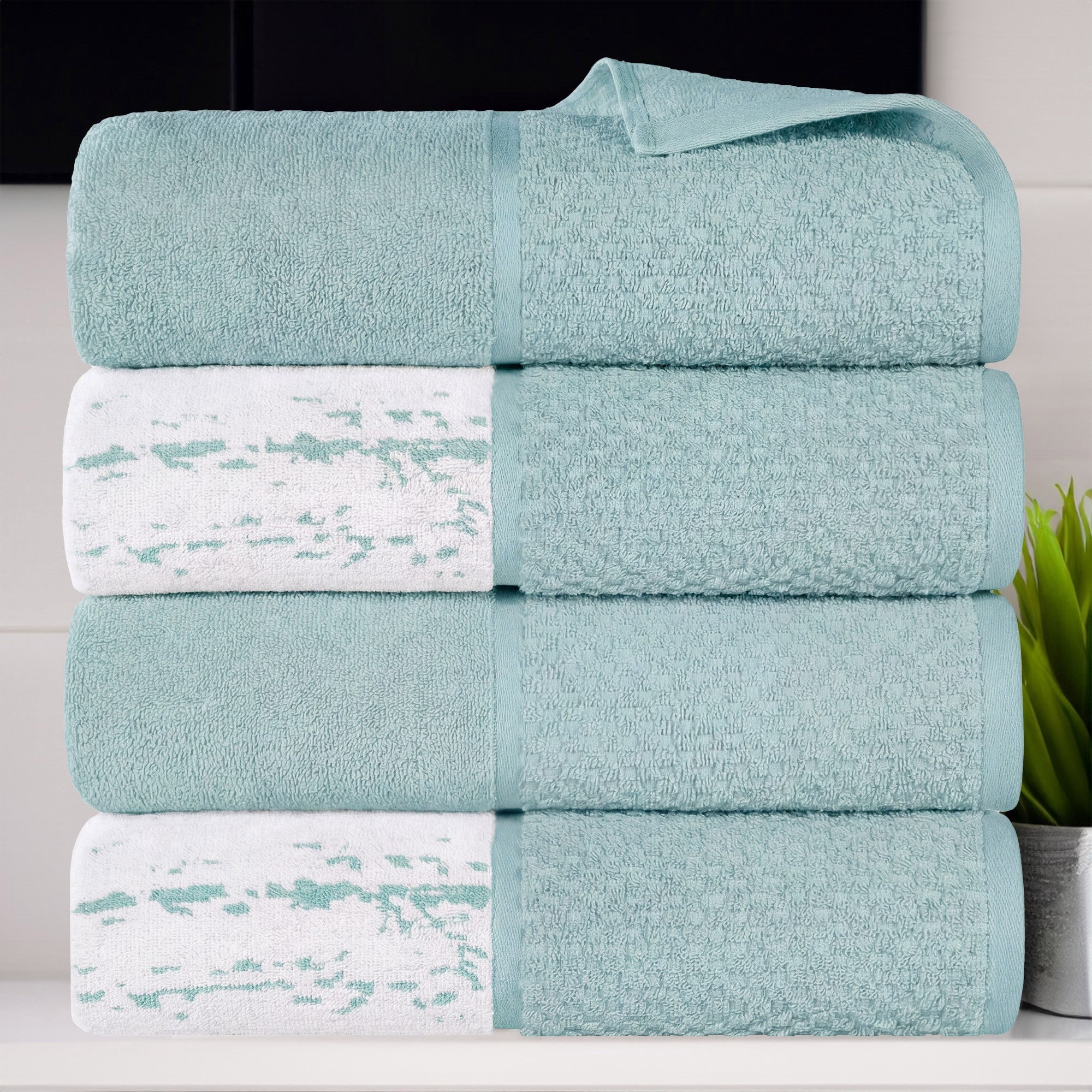 Superior Modern Cotton 6 Piece Hand Towel Set Bathroom Mixed Pattern, Cyan