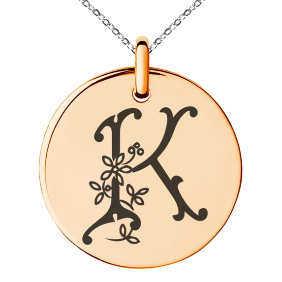 Stainless Steel Letter K Initial Floral Monogram Engraved Small Medallion Circle Charm Pendant Necklace