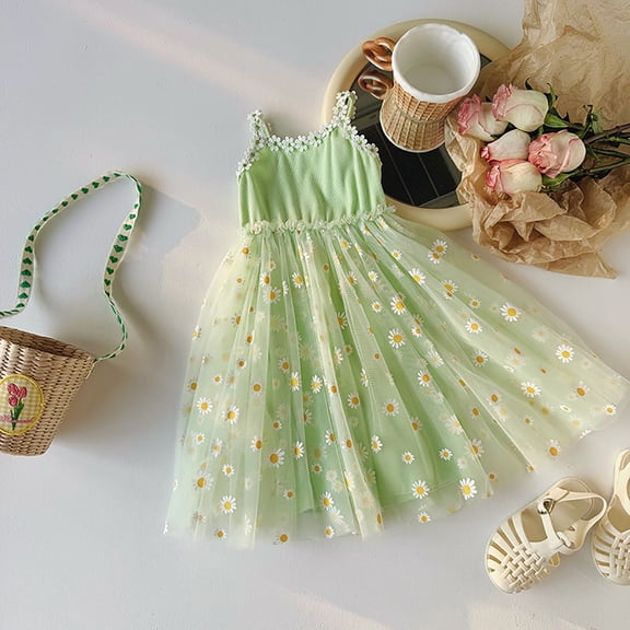 JIAYUE Kids Girls Spring Summer Dresses Floral Sleeveless Sweetheart Mid Length Mesh Puffy A-Line For Children Seasonal Dailywear