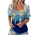 thumbnail image 2 of Uootdi Womens Tops V Neck Eyelet Texture Floral Print Short Sleeve Shirts Loose Fit Beach Stroll Casual Everyday Tees Gift, 2 of 6