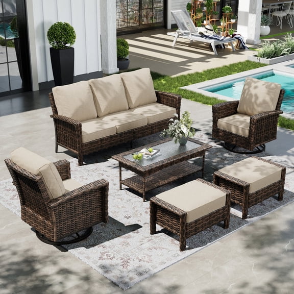 Sophia & William 6 Pieces Patio Furniture Set with Swivel Chairs and Table High Back Wicker Outdoor Conversation Set with 5.5" Thick Cushions Beige Patio Set
