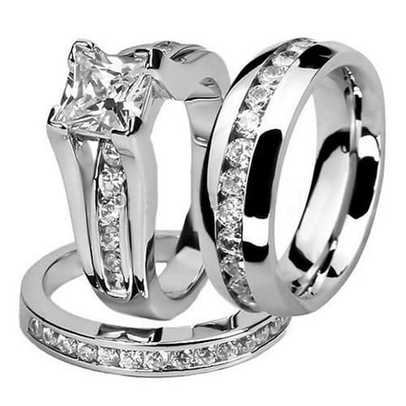 Unique Womens Wedding Ring Sets His and Hers Stainless Steel Princess Wedding Ring Set and Eternity Wedding Band Women's Size 10 Men's 04mm Size 04.5 ()