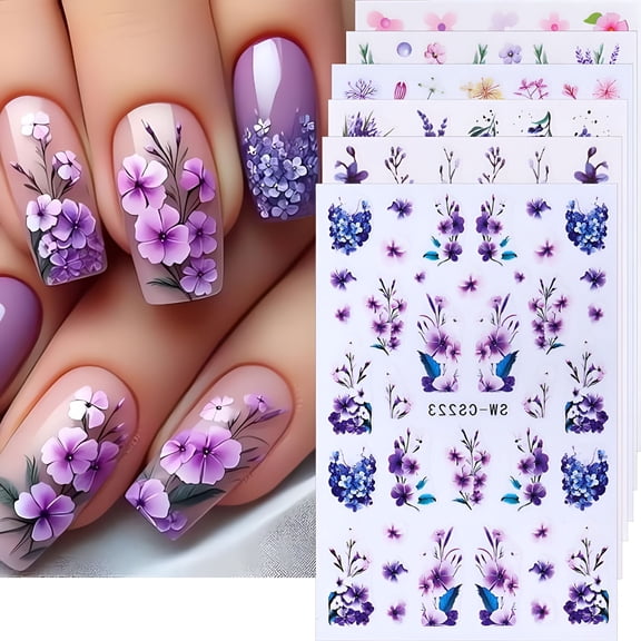 RAGUPEL 4 Sheets 3D Embossed Spring Flower Nail Stickers, Adhesive Lavender Floral Decals for Summer Nail Art Design