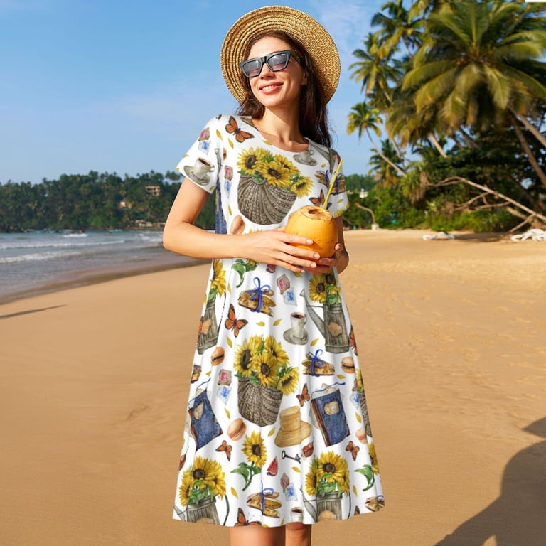 Kdxio Picnic Pattern Summer Dresses for Women Casual Tshirt Short Sleeve  Floral Sundress Beach Cover Ups with Pockets - Walmart.com