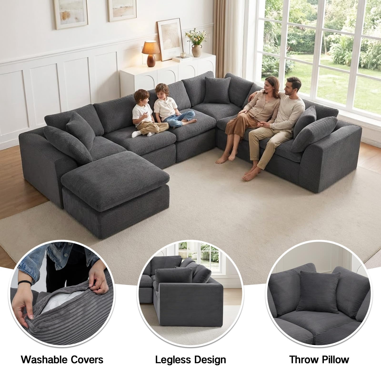 140" Modular 7 Seater Boneless Sofa Sectional Cloud Couches Sofa with Ottoman,No Assembly Required