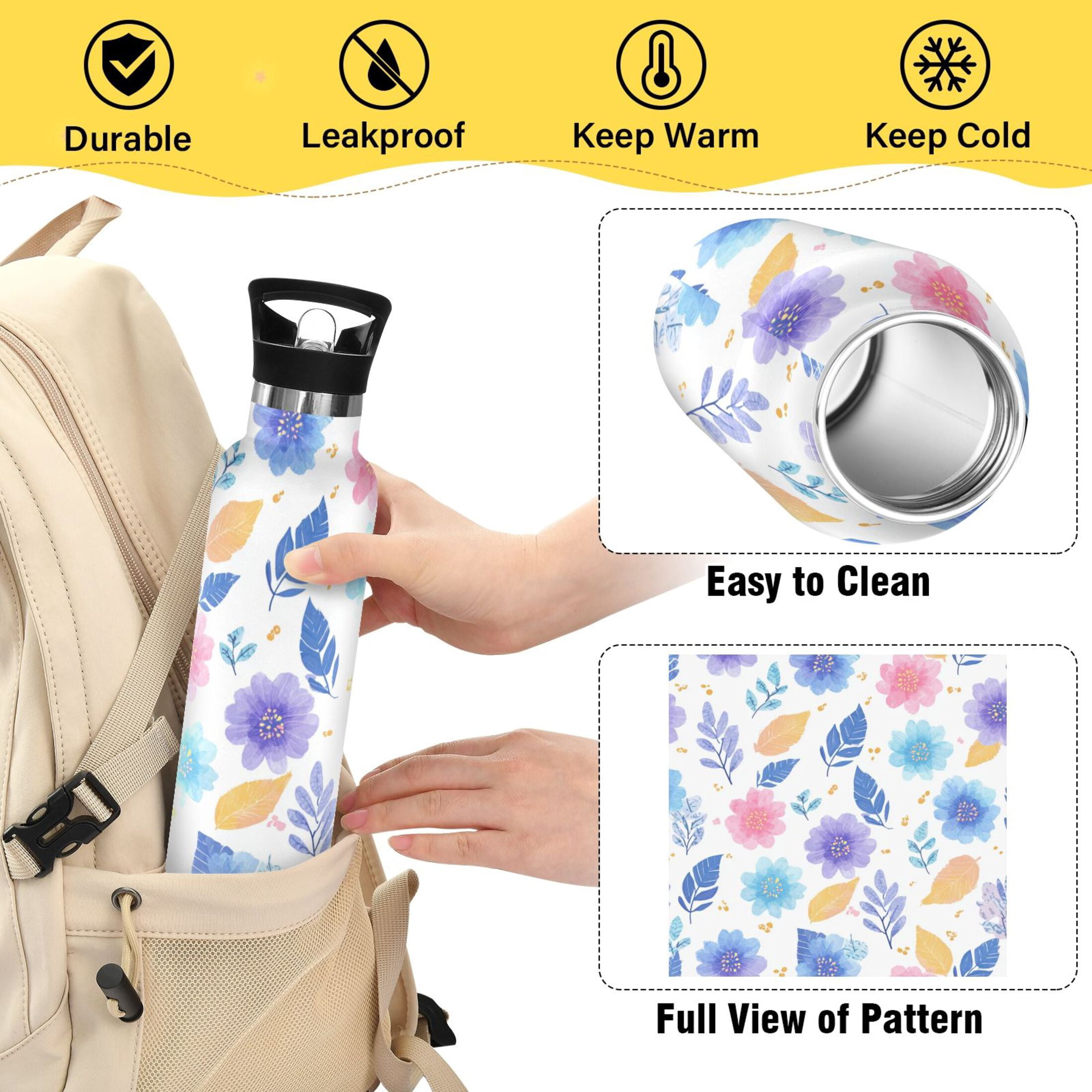 Kids Insulated Stainless Steel Sports Water Bottle 600ml (20oz) Blue and Purple Flowers