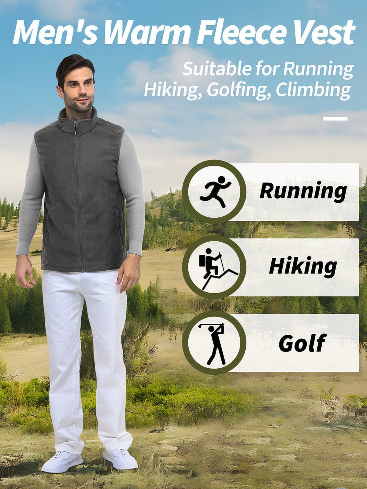 Off Road Ventures Mens Fleece Vest Lightweight Outerwear Zip Up Golf Running Sleeveless Vest With Pockets for Hiking Travel