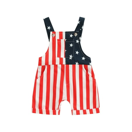 

4th of July Toddler Baby Boy Girl Bib Overalls American Flag Suspender Jumpsuit Shorts Kids Summer Clothes