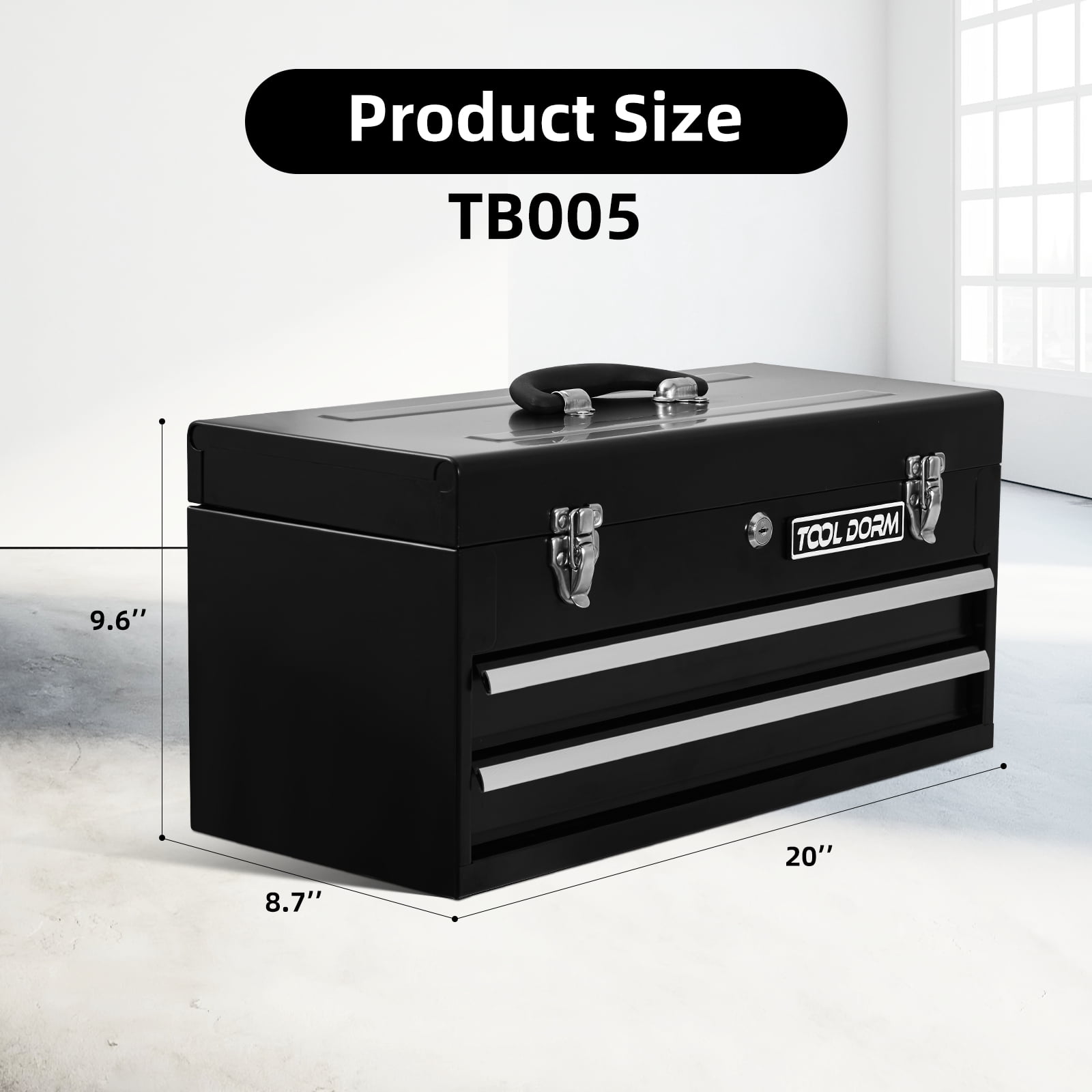 20.3“ Metal Tool Box with Drawer Portable Steel Metal Tool Box with EAV Liner and Metal Latch Closure and Lock for Garage, Home and Warehouse (Black-2 Drawers)