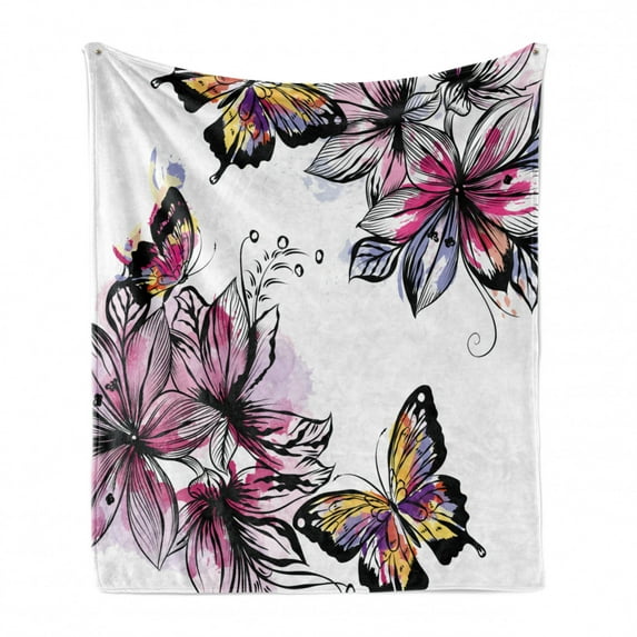 Floral Soft Flannel Fleece Throw Blanket, Flower Blooms Botany Bouquets Colorful Butterflies Paintbrush Watercolor Print, Cozy Plush for Indoor and Outdoor Use, 50" x 70", Multicolor, by Ambesonne