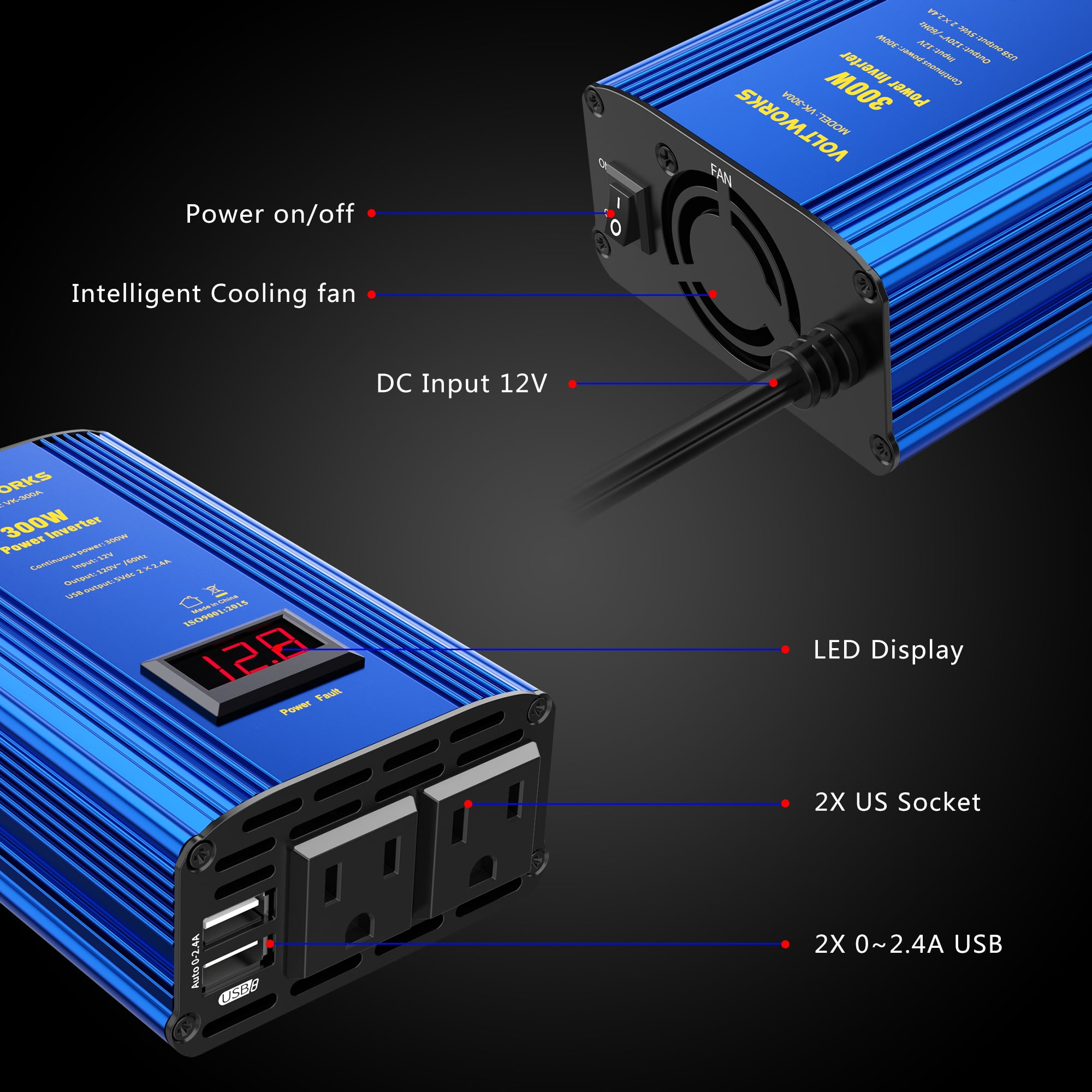 VOLTWORKS 300 Watt Car Power Inverter DC 12V to AC 110V with 4.2A Dual Smart USB Ports Car Adapter