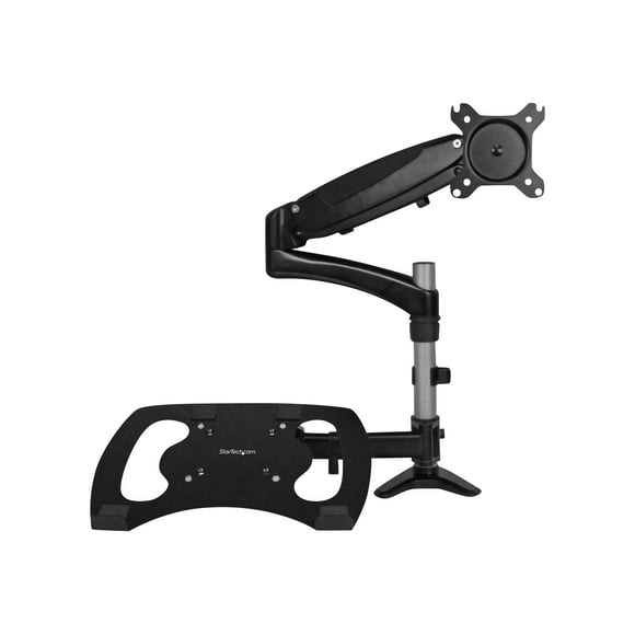 StarTech.com Laptop Monitor Stand - Computer Monitor Stand - Full Motion Articulating - VESA Mount Monitor Desk Mount - Mounting kit (pole clamp, rubber pad, laptop shelf, spring arm, swivel arm, 4 spacers, cable management clip, screws, key) - adjustable arm - for LCD display / notebook - aluminum - black - screen size: 15"-27" - desk-mountable