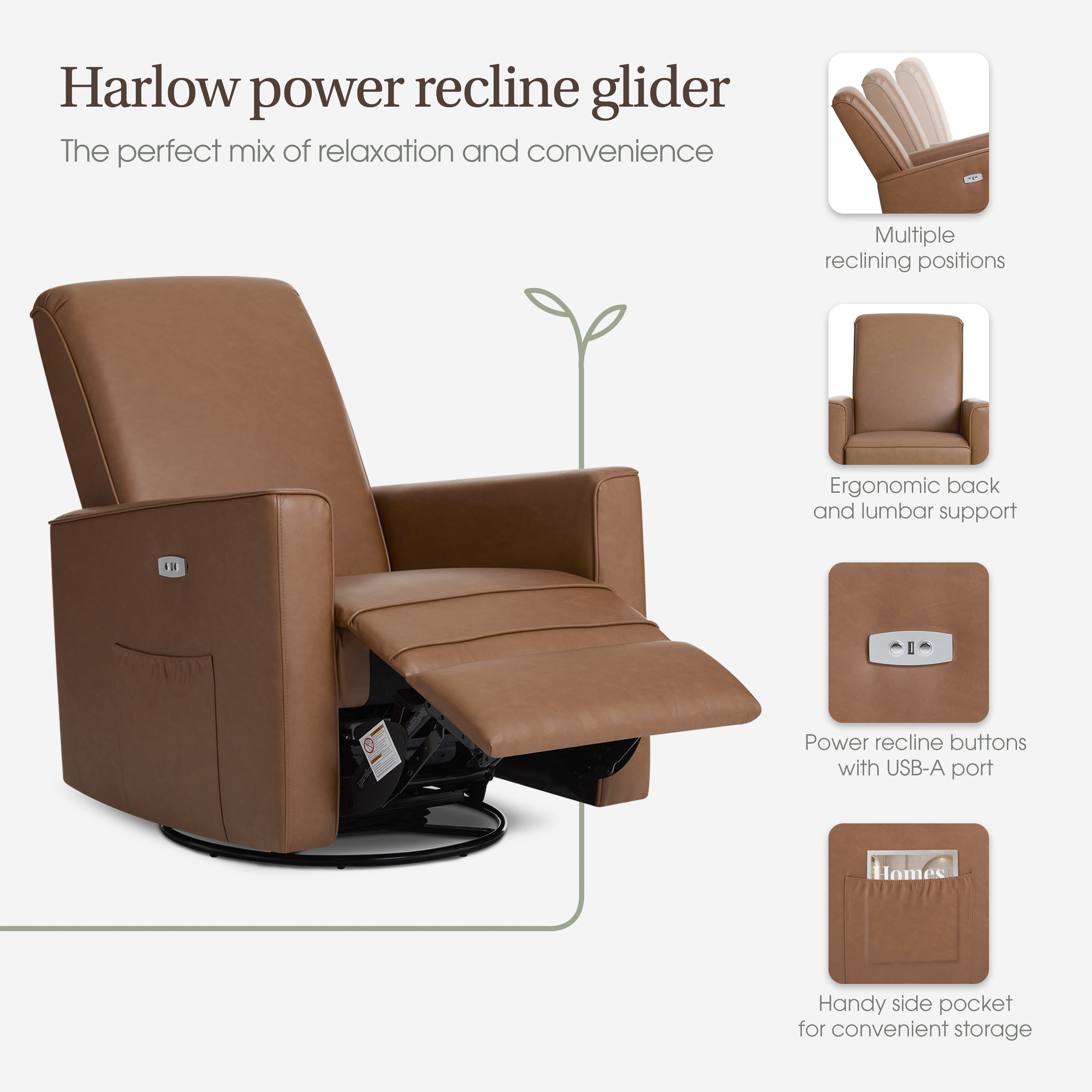 Evolur Harlow Deluxe Upholstered Plush Seating Glider Swivel, Power Recliner with USB Port, Greenguard Gold Certified, Glider Chair for Nursery, Cognac