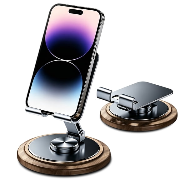 Lucrave 360° Rotatable Cell Phone Desk Stand, Foldable Adjustable Angle Smartphone Holder, Wood Grain Base Desktop Phone Mount for iPhone, Google Pixel, All Mobile Phones