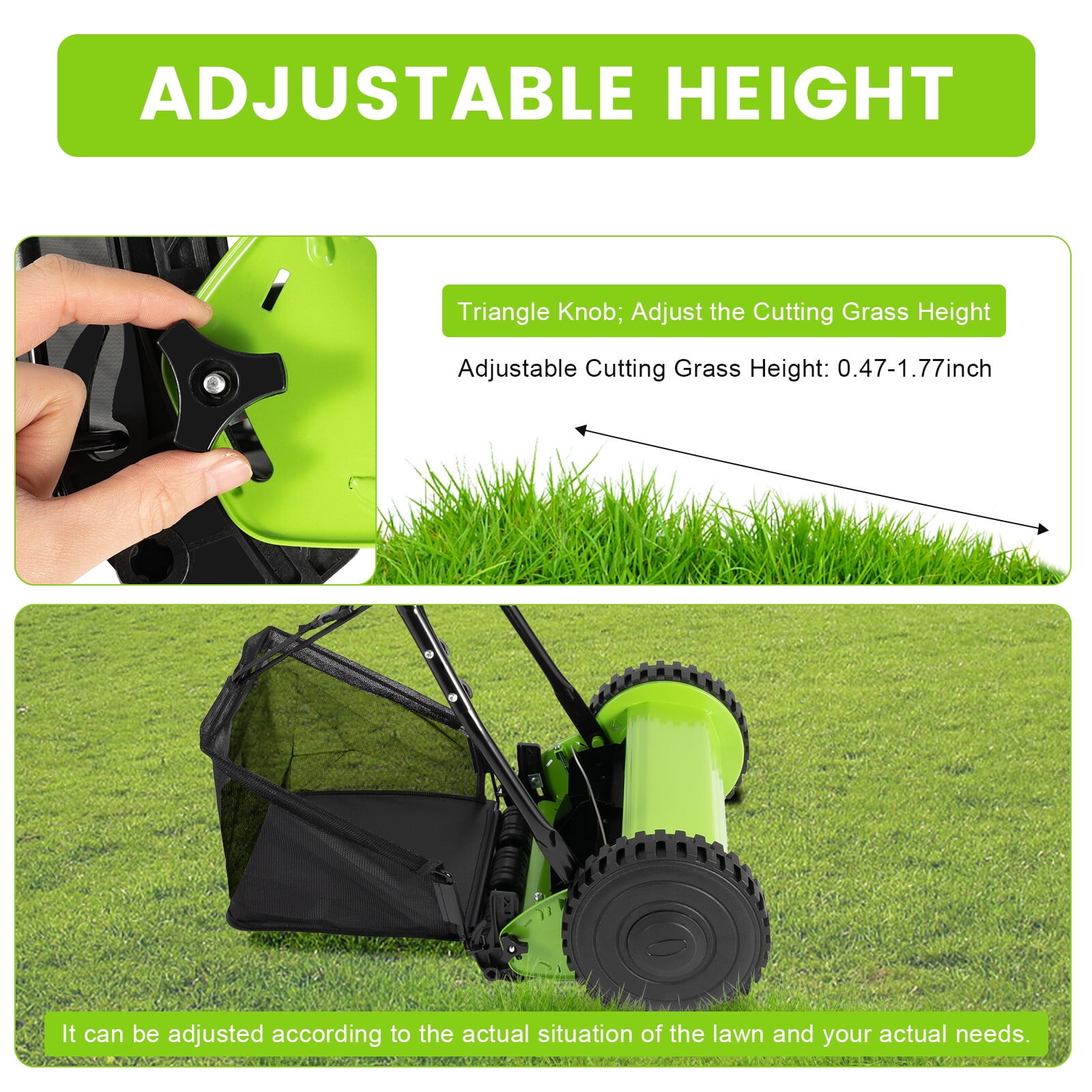 Manual Lawn Mower 6 gallons 5-Blade Push Reel Lawn Mower with Grass Catcher U-shaped handle 0.47-1.77 inches grass-cutting height Green