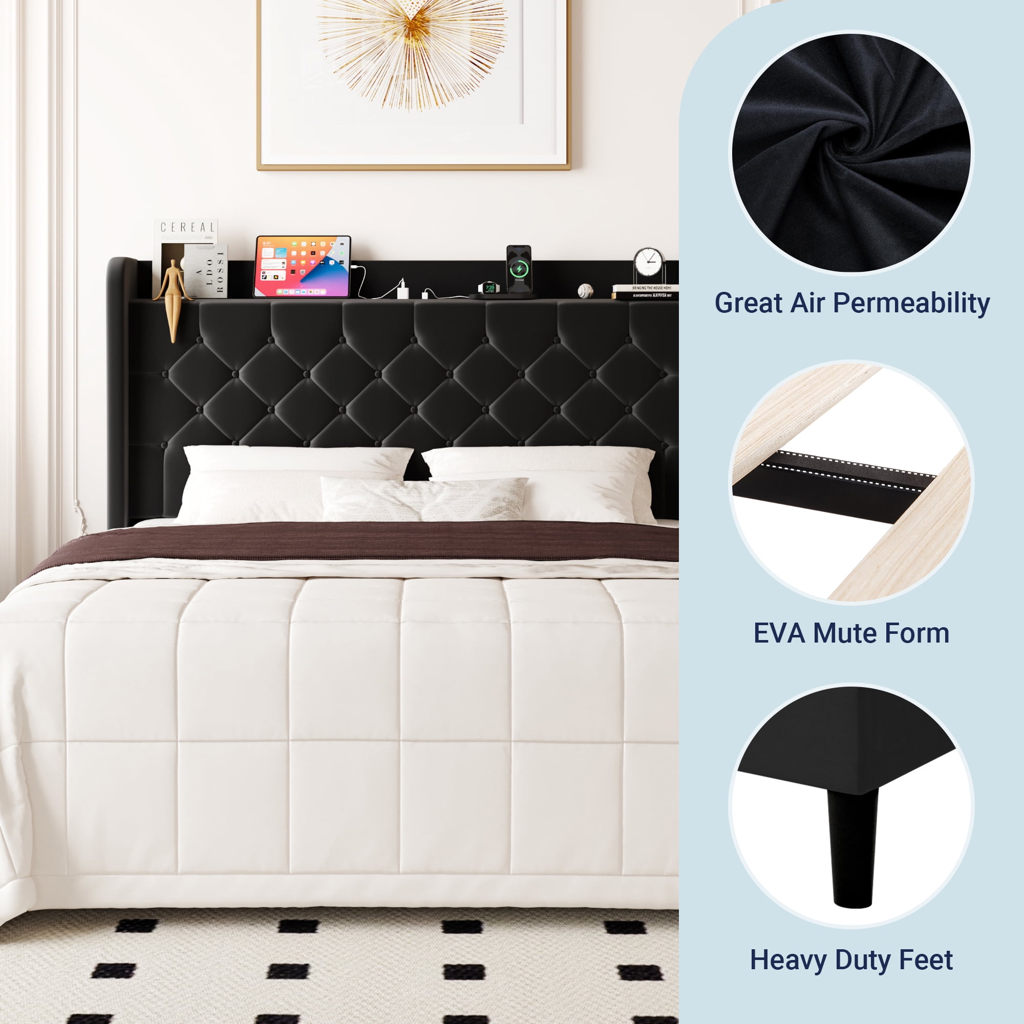 Allewie Full Size Bed Frame, Storage Headboard with Charging Station, Wingback Velvet Upholstered, Diamond Stitched Button Tufted, Sturdy Wooden Slats, No Box Spring Needed, Easy Assembly, Black