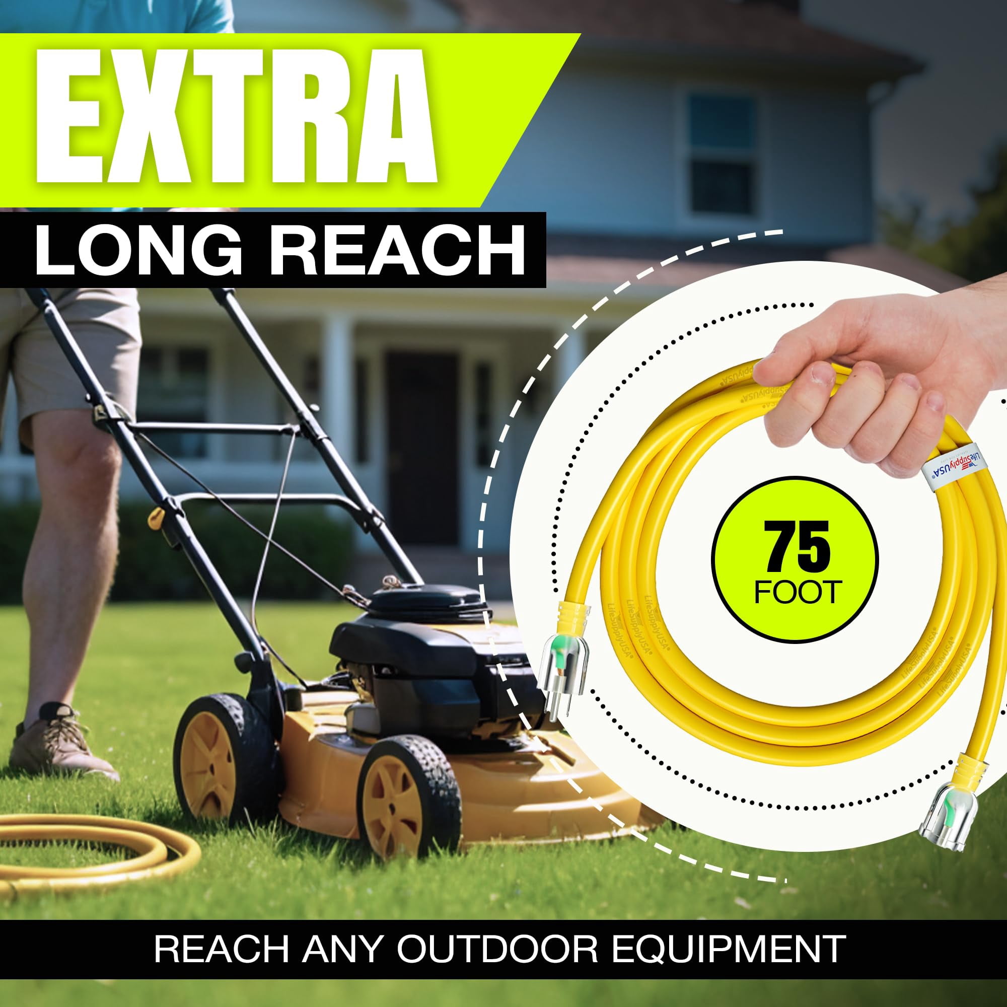 75ft Outdoor/Indoor Extension Cord 10/3 Gauge Ultra Heavy Duty 3 Prong SJTW, Waterproof, ETL Listed, Flexible Cold-Resistant Long Power Cord,15A 125V 1875W, Yellow by LifeSupplyUSA