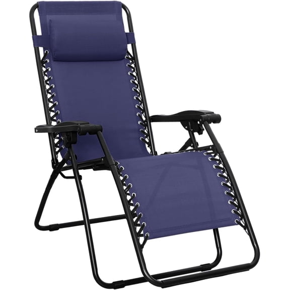 Navy Blue Outdoor Reclining Chair, Foldable Zero Gravity Lounge with Headrest, Textilene Fabric, Supports 300 lbs, 26" Width
