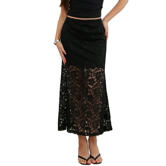 INSPIRE CHIC Maxi Lace Skirt for Women's Elastic High Waisted Flowy Summer Casual Long Skirts M Black