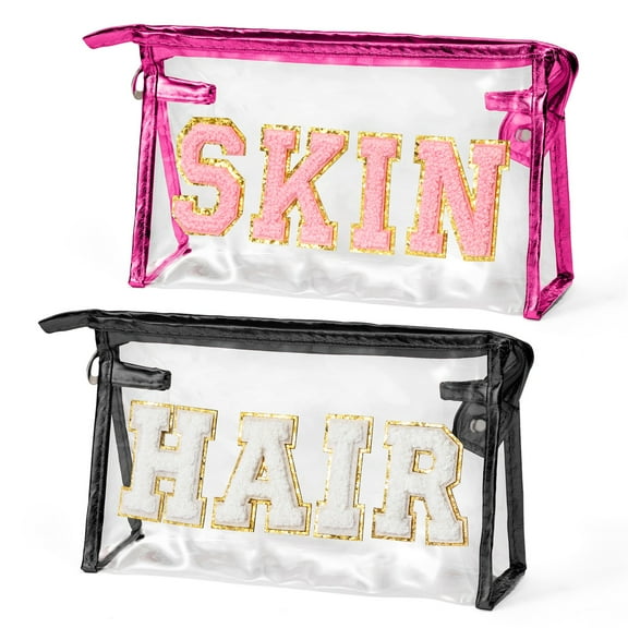 Grobro7 SKIN Cosmetic Bag HAIR Makeup Bag for Women & Girls, Transparent Storage Bags  Letter Patch Cosmetic Bag for Travel Supplies, 2 Pieces