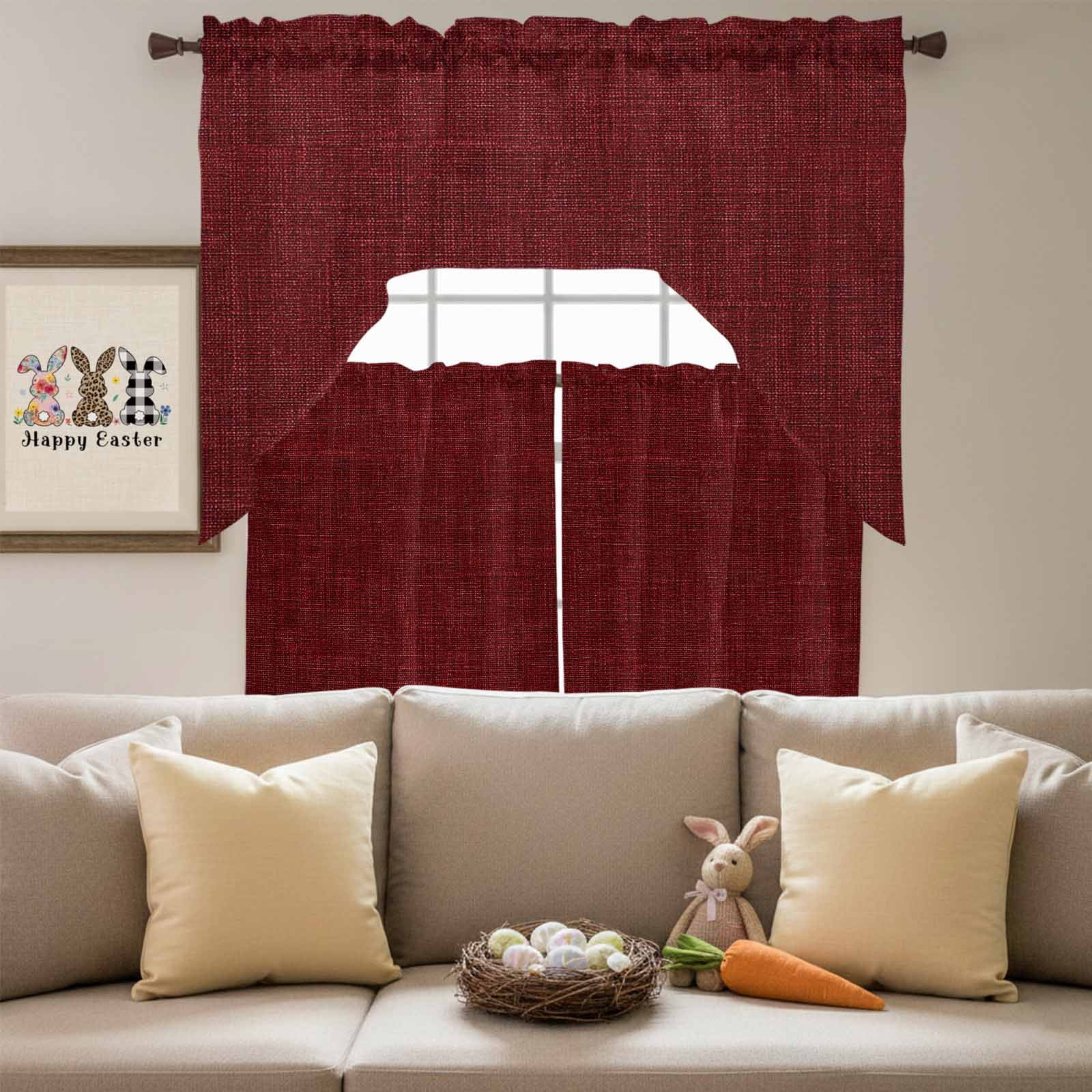 Wine Red Linen Swag Curtains Valance & Tier Set, Farmhouse Pure Color Country Farm 3 Pcs Set Kitchen Swag Valances and Tiers 24 Inch Length Rod Pocket Curtain Drapes for Bedroom
