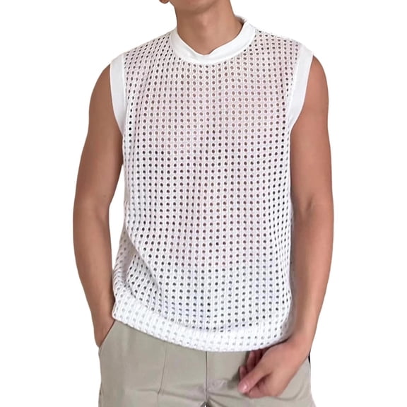 hotojiny Mens Sleeveless Tank Tops Casual Hollow out T Shirts Breathable Mesh Beach Summer Tops for Beach Cover Ups