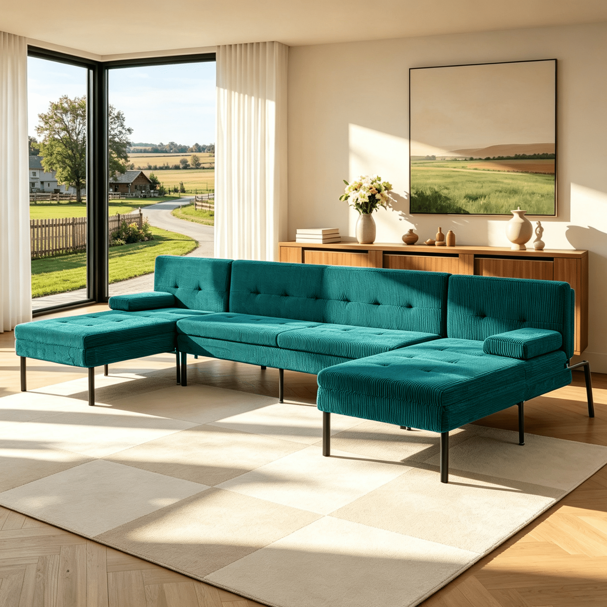 Gewnee 117.13”U-Shaped Sectional Sofa,Corduroy Couch,4 Seat Lounge Sleeper Sofa with Double Chaises for Living Room.Green