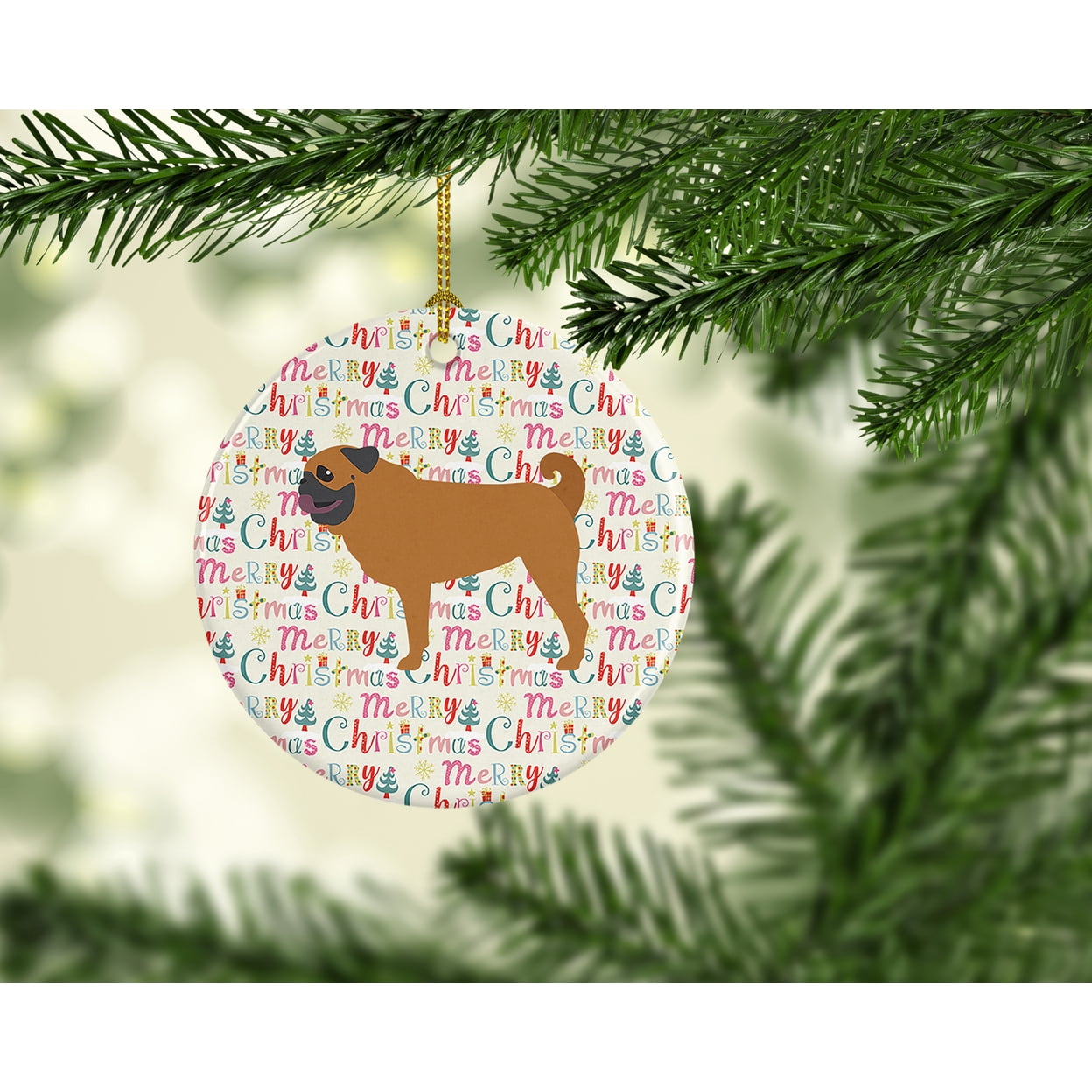 Pug Merry Christmas Ceramic Ornament 2.8 in x 2.8 in