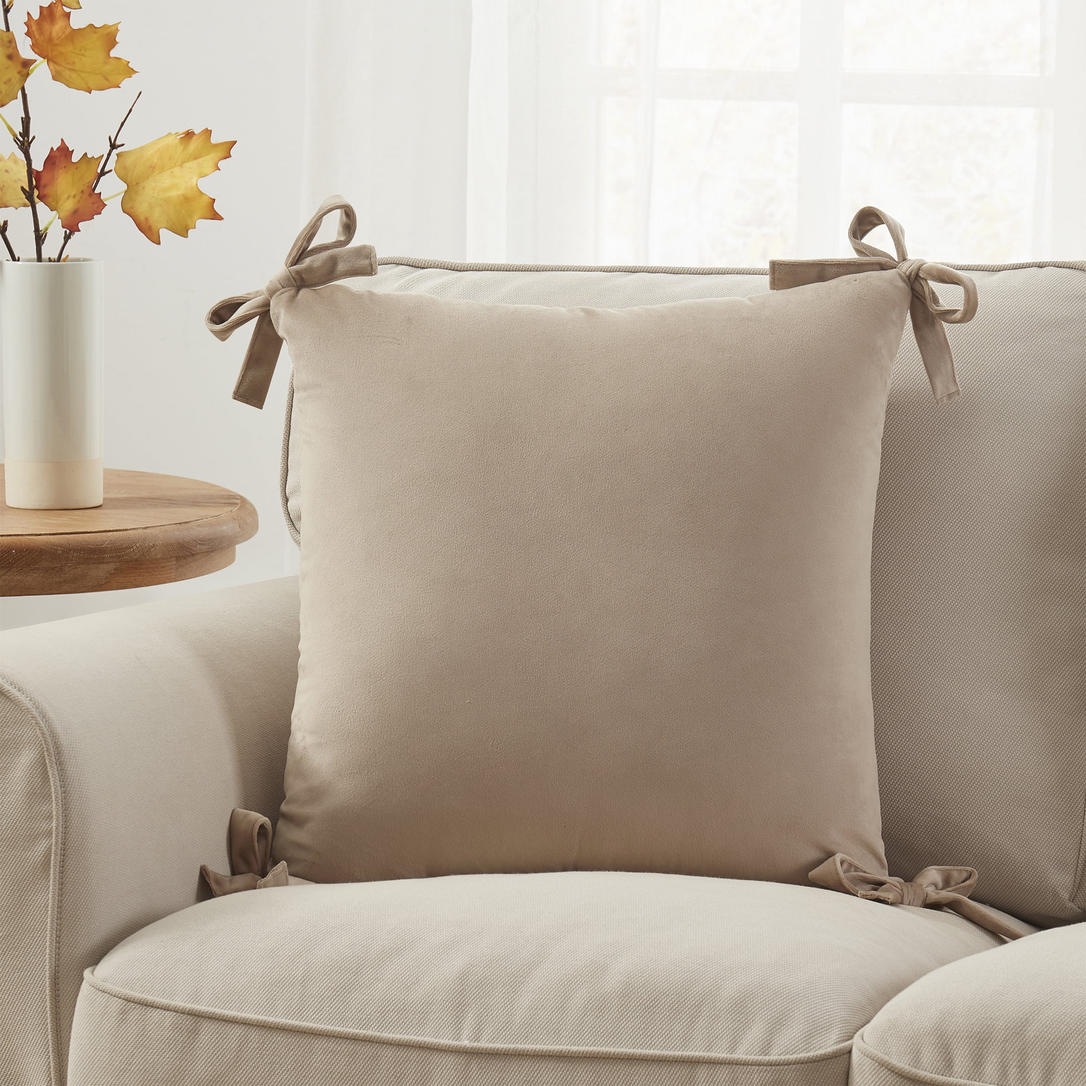 My Texas House 20" x 20" Taupe Velvet Bow Decorative Pillow Cover
