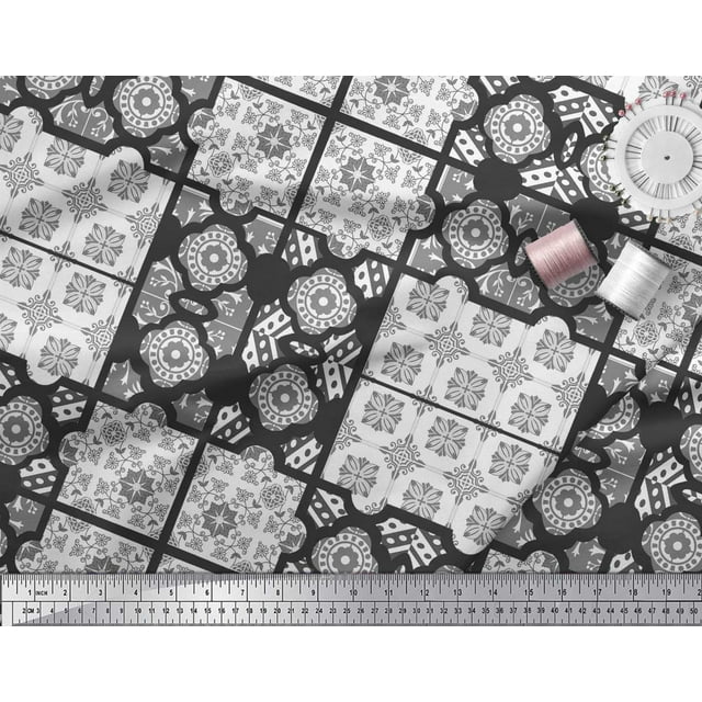 Soimoi Crepe Silk Fabric Check & Quatrefoil Patchwork Print Fabric by the Yard 42 Inch Wide