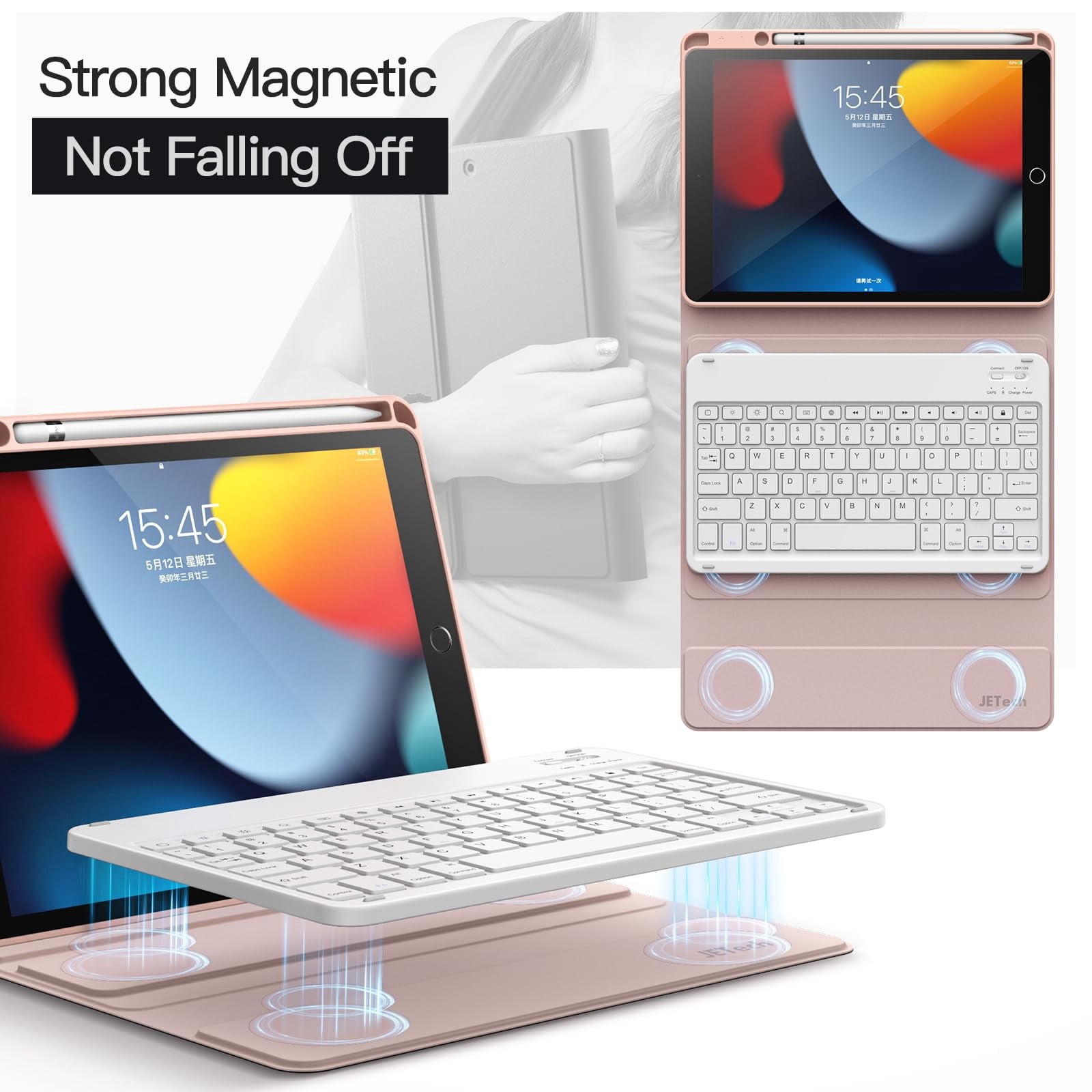 JETech Keyboard Case for iPad 10.2-Inch (2021/2020/2019 Model, 9th/8th/7th Generation) with Pencil Holder, Magnetic Detachable Bluetooth Wireless Keyboard, Soft TPU Back Stand Cover (Rose Gold)
