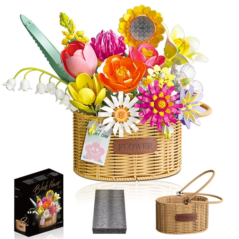 Valentine's Day Building Set: Flower Bouquet Bricks, DIY Artificial Floral Gift for Her, Romantic Home Decor Building Blocks