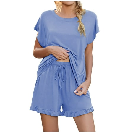 

Womens Summer Pajamas Sets Short Sleeve V Neck T Shirts and High Waist Loose Shorts PJs Lounge Sets with Pockets
