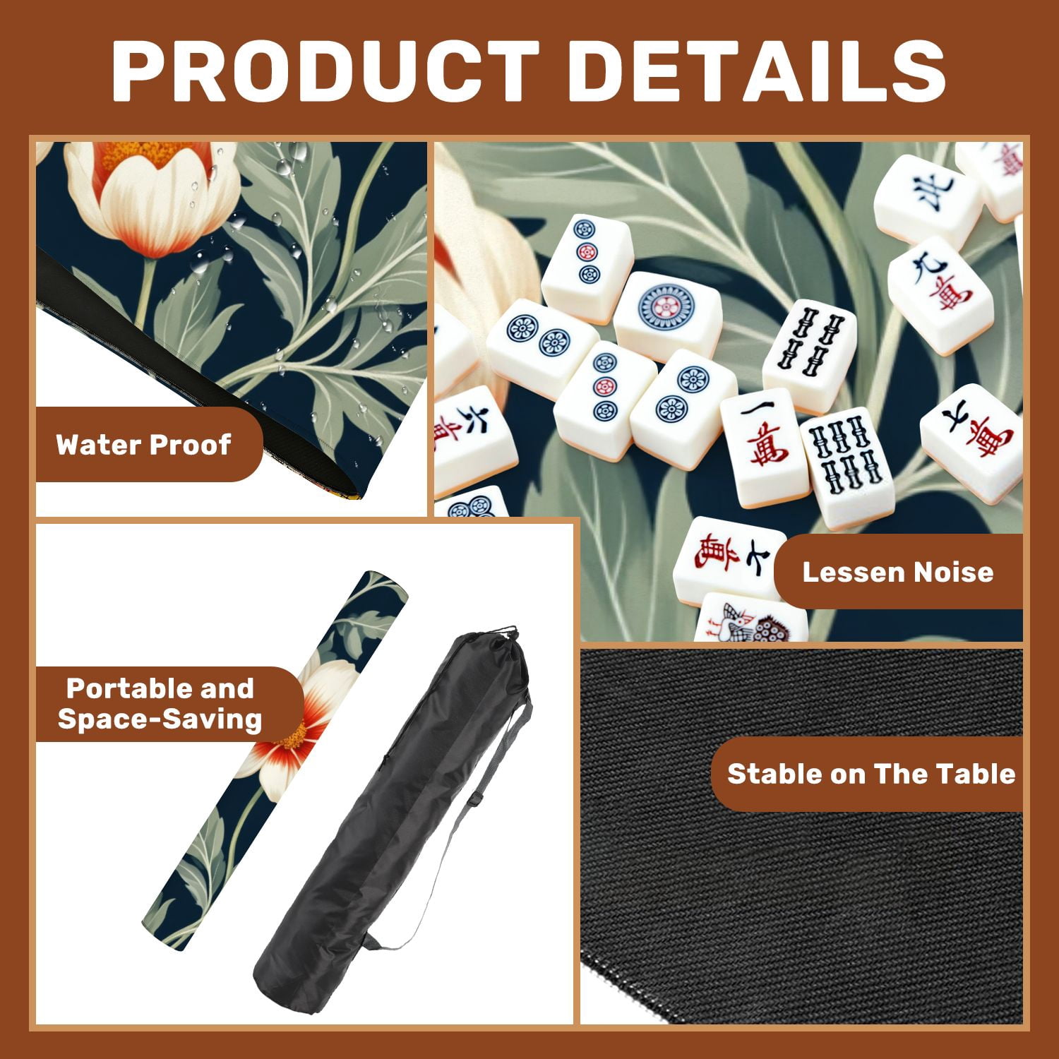 Mahjong Mat 31.5" x 31.5" Elegant Floral Cream Orange Flowers Dark Non-Slip Noise Reduction American Mahjong Tiles Table Cover for Dominoes Poker Card Board Games Gift