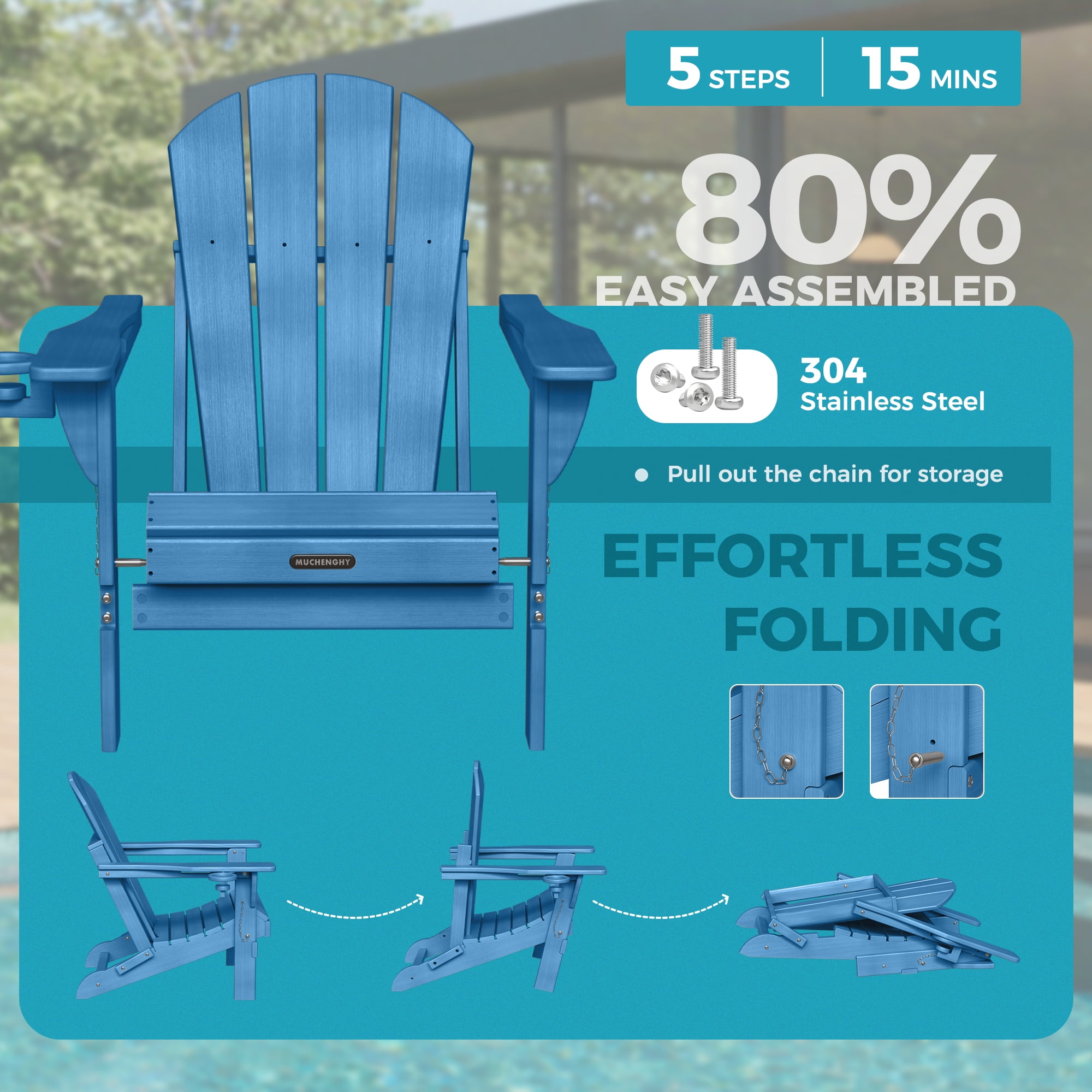 Folding Adirondack Chair Outdoor Patio Fire Pit Chairs with Cup Holder Porch Garden Navy