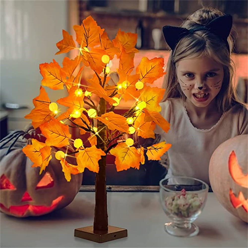 Kepooman 24 inch Prelit Maple Tree with Timer 24 Pumpkin Lights, Maple Leave Tree for Fall Decor Autumn Decoration Holiday Decorations, Pumpkin Decor for Indoor Home Table Decorations, Warm White
