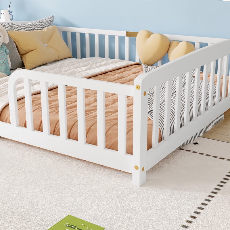 Queen Size Montessori Kids Floor Bed with Entrance, Toddler Crib Fence Bed, Low-Profile Wood Platform Bed Frame with Curved Guardrails