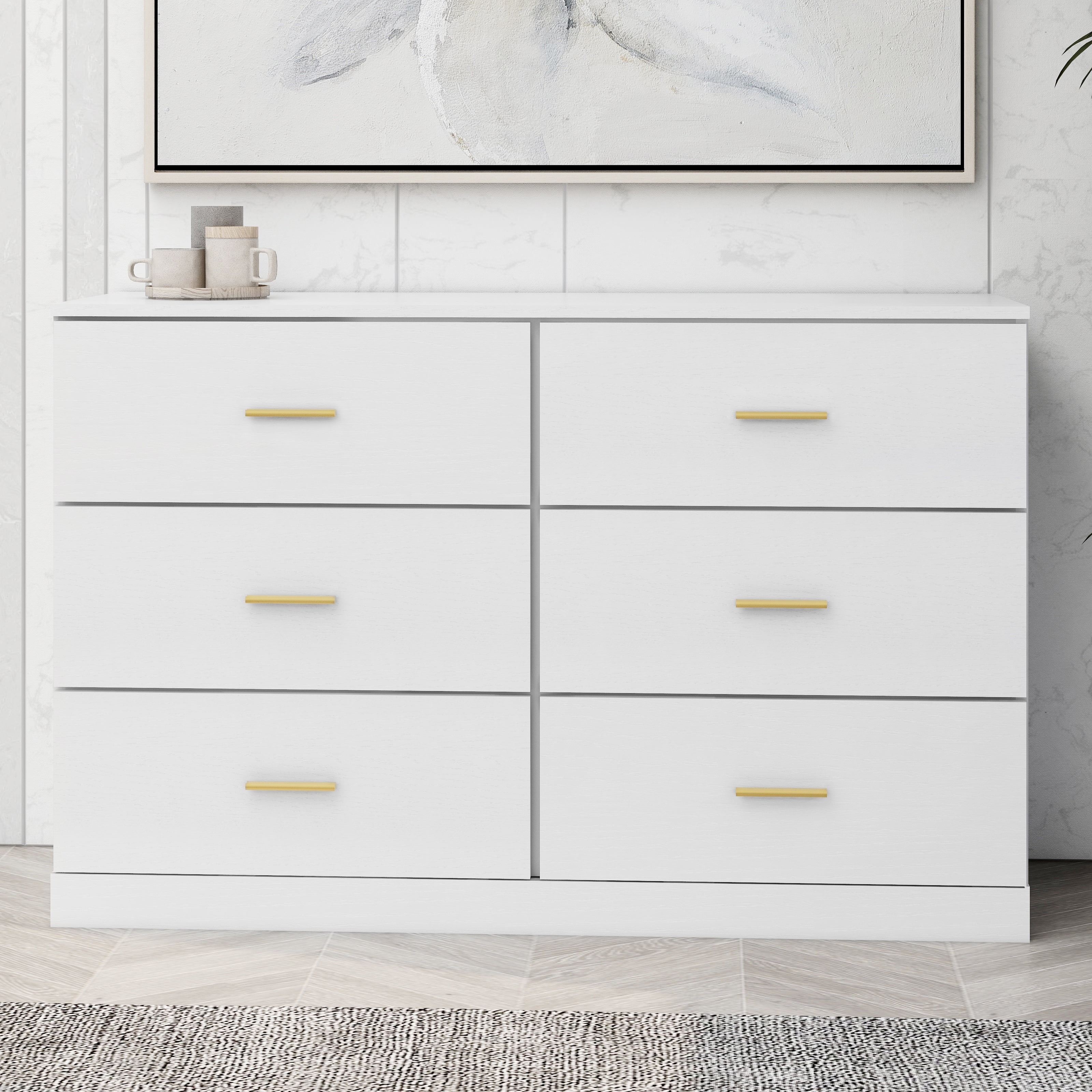 Yardi Yard Drawer Dresser, 6 Wooden Drawers Storage Dresser, Modern Chest of Drawer with Gold Handle, Bedroom, Living Room, White Yardi Yard Drawer Dresser, 6 Wooden Drawers Storage Dresser, Modern Chest of Drawer with Gold Handle, Bedroom, Living Room, White