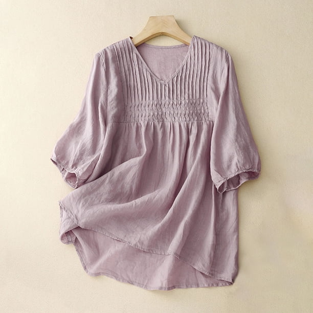 ICHUANYI Clearance Womens Color Casual Loose Fashion T-ShirtFive Cent Sleeve Button Tops Cotton And Linen Blouse(Purple, M) ICHUANYI WER2023080909938