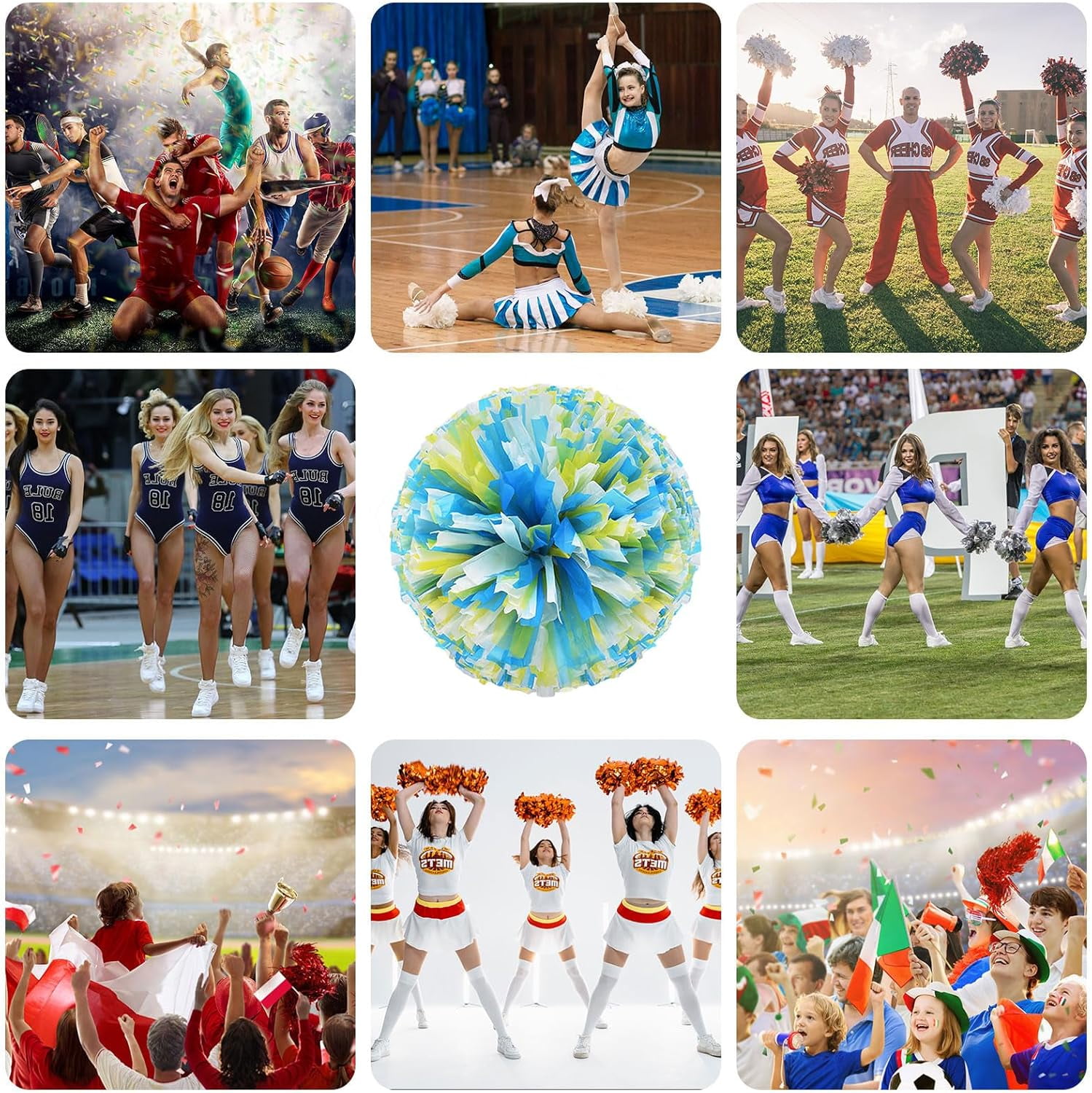 12 PCS pom poms Cheerleading,13.8inch Sports Team Spirits Cheering Squad Dance Training with Handle Rings