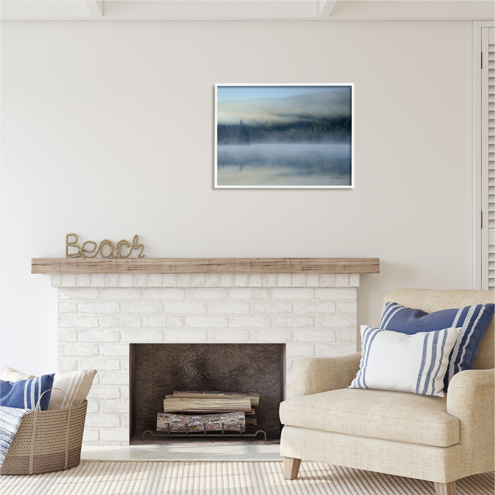 Stupell Industries Foggy Mountain Lake Scenery Nature Photography White Framed Art Print Wall Art, 30 x 24