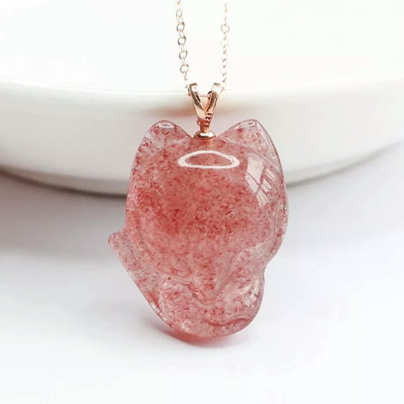 HOOUN S925 Silver Inlaid Natural Strawberry Crystal Fox Pendant Jewelry