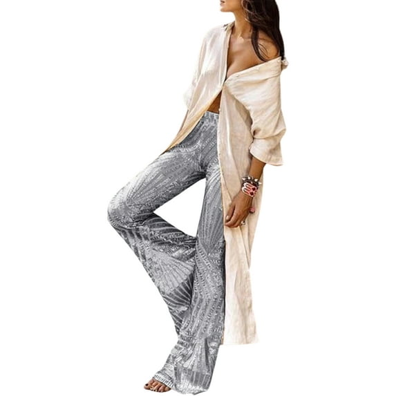 Seyurigaoka Women Juniors Fashion Flare Pants, Vintage Sparkle Sequined Wide Leg Long Trousers