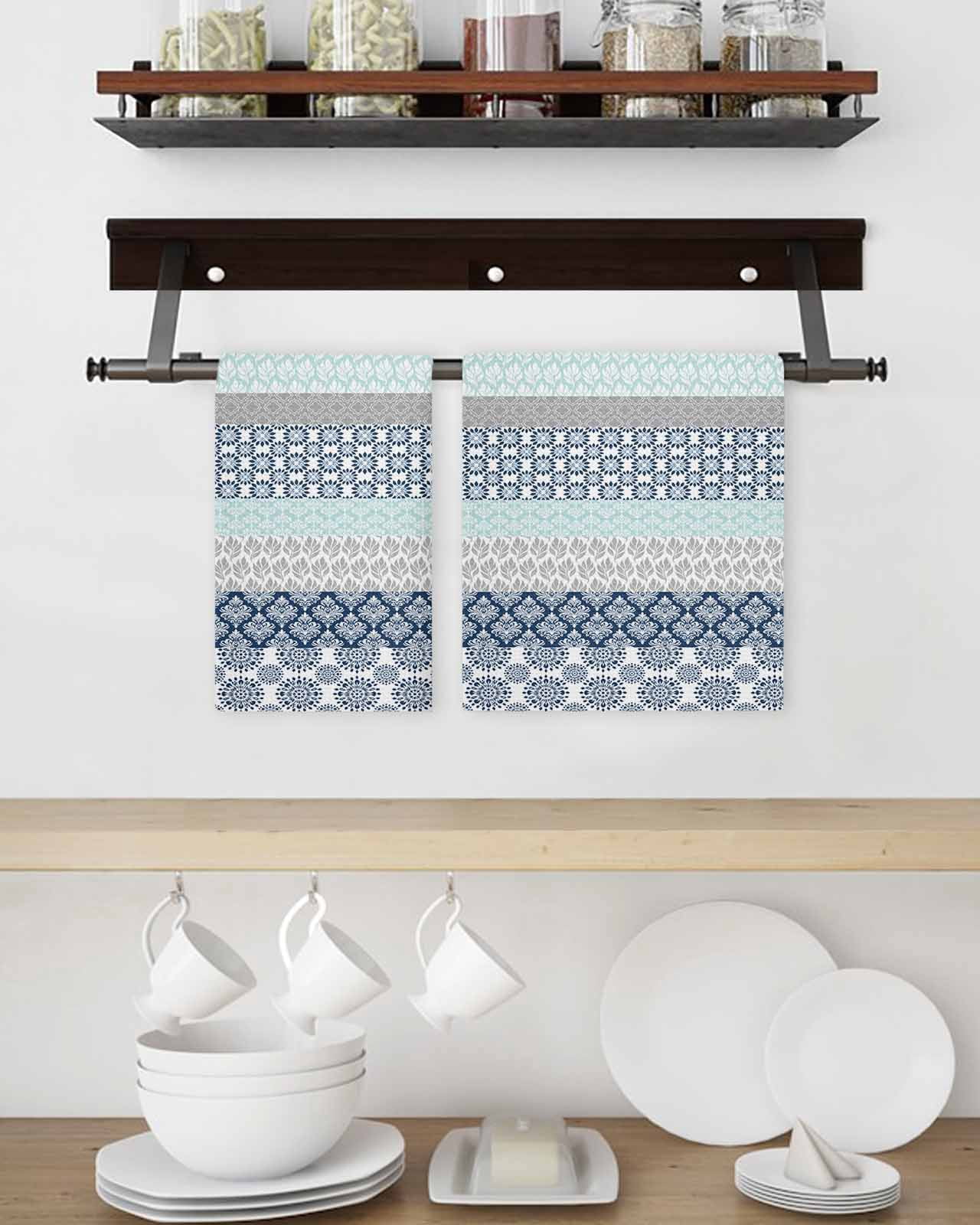 Boho Blue Aqua Kitchen Dish Towels for Drying Dishes Set of 4, Geometric Stripes Tribal Bohemia Retro Waffle Weave Microfiber Terry Hand Tea Bathroom Towels Quick Dry & Absorbent Towel 15.7x23.6