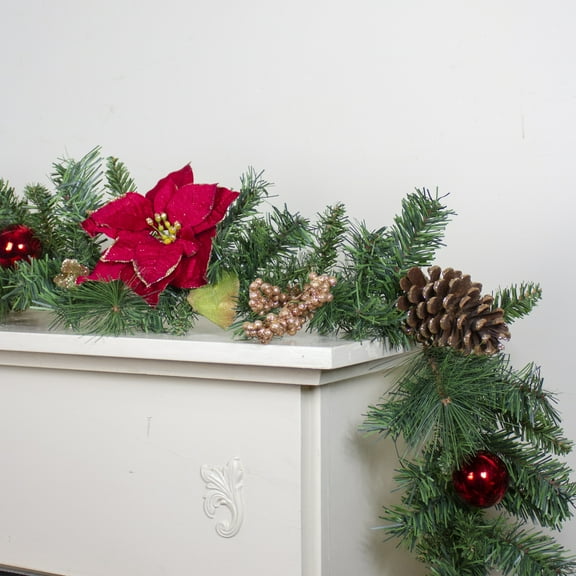 Northlight 6' x 10" Unlit Green Pine, Poinsettias and Gold Berry Artificial Christmas Garland